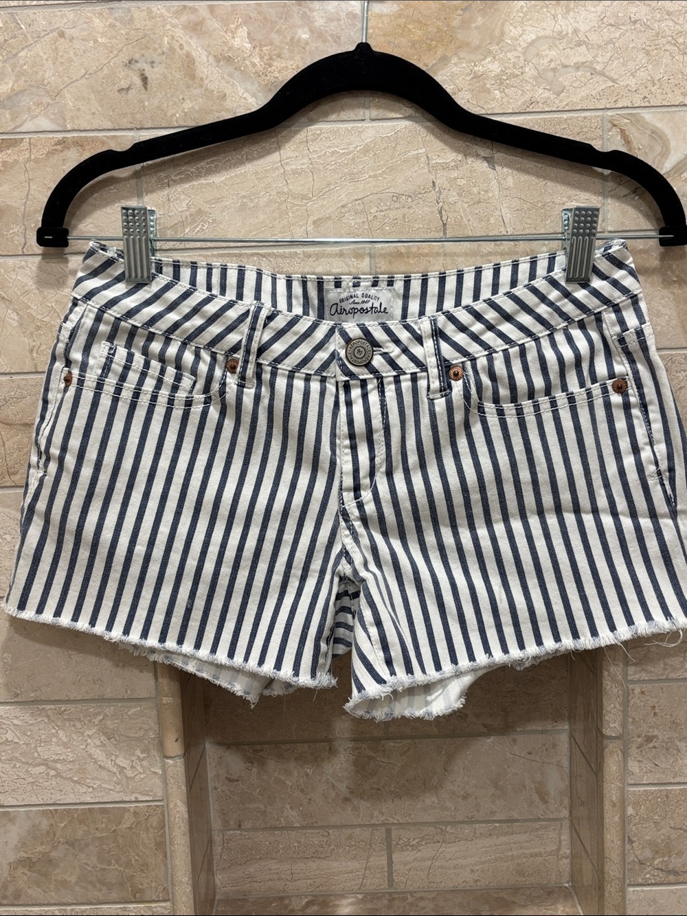 Aeropostale Navy and White Striped Jean Shorts